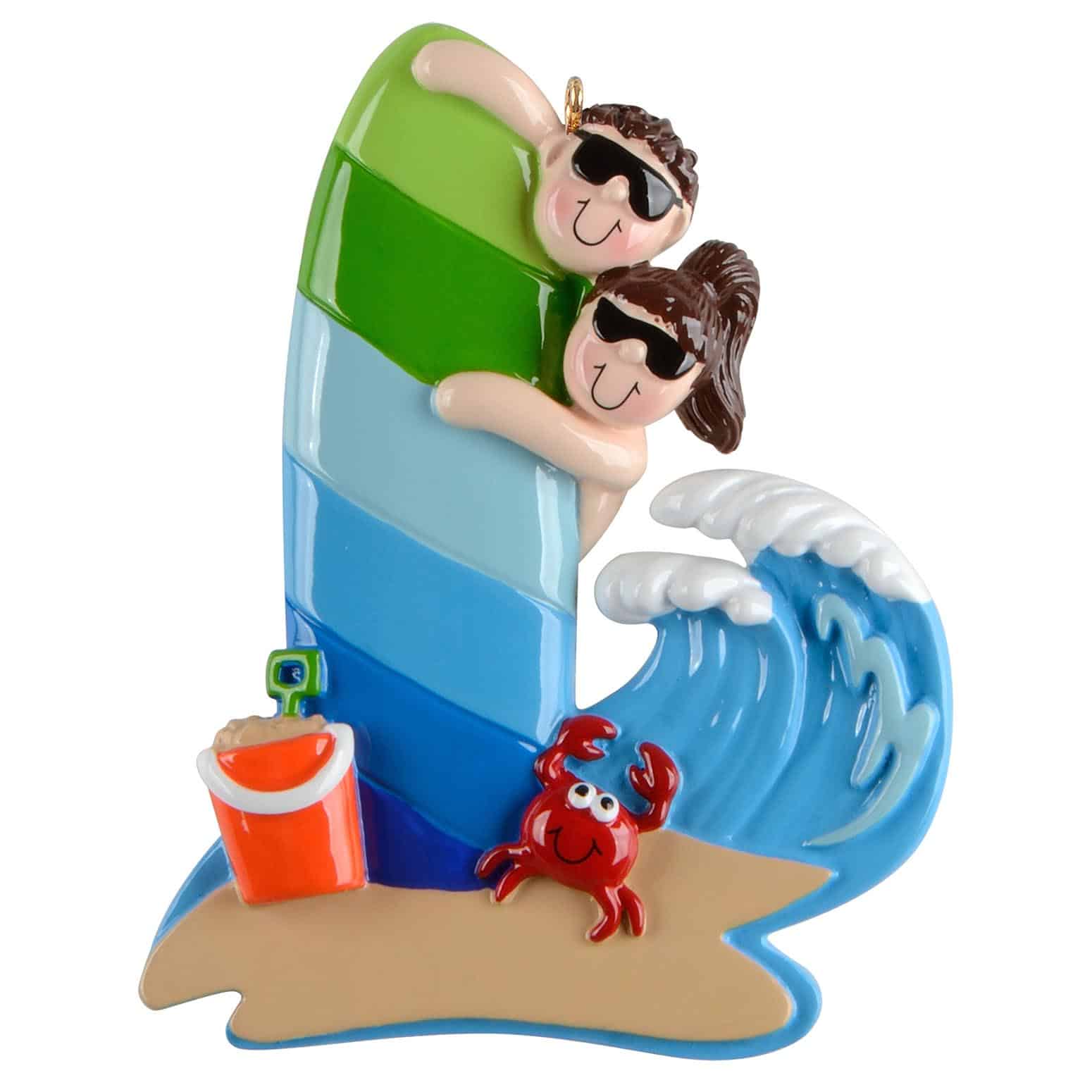 1500 Beach Couple Surfing Ornament for Personalization - Image 1